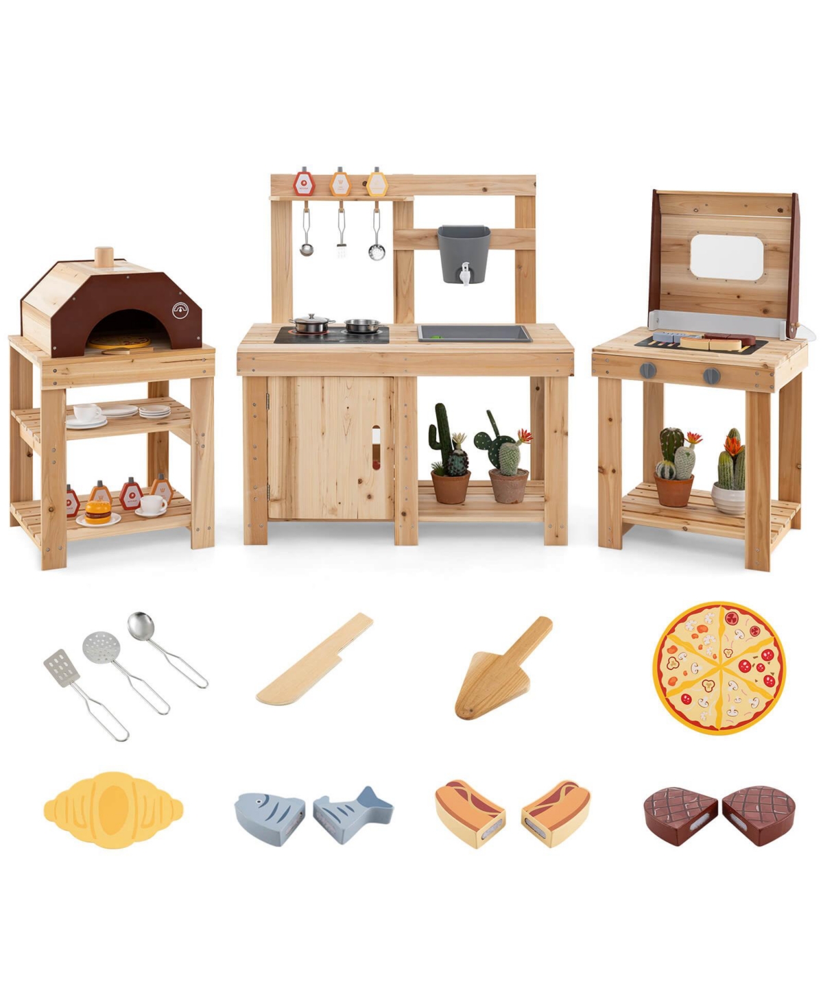 3-Piece Outdoor Wooden Kitchen Playset Kids Mud Kitchen Bbq Grill & Pizza Oven
