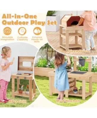 3-Piece Outdoor Wooden Kitchen Playset Kids Mud Kitchen BBQ Grill & Pizza Oven