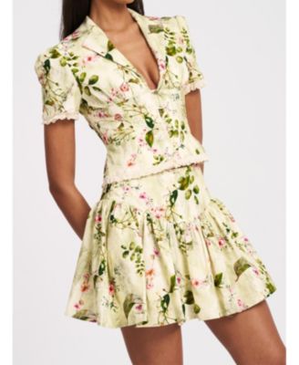 Women Zanelle Green Floral Print Drop Waist Linen Full Skirt