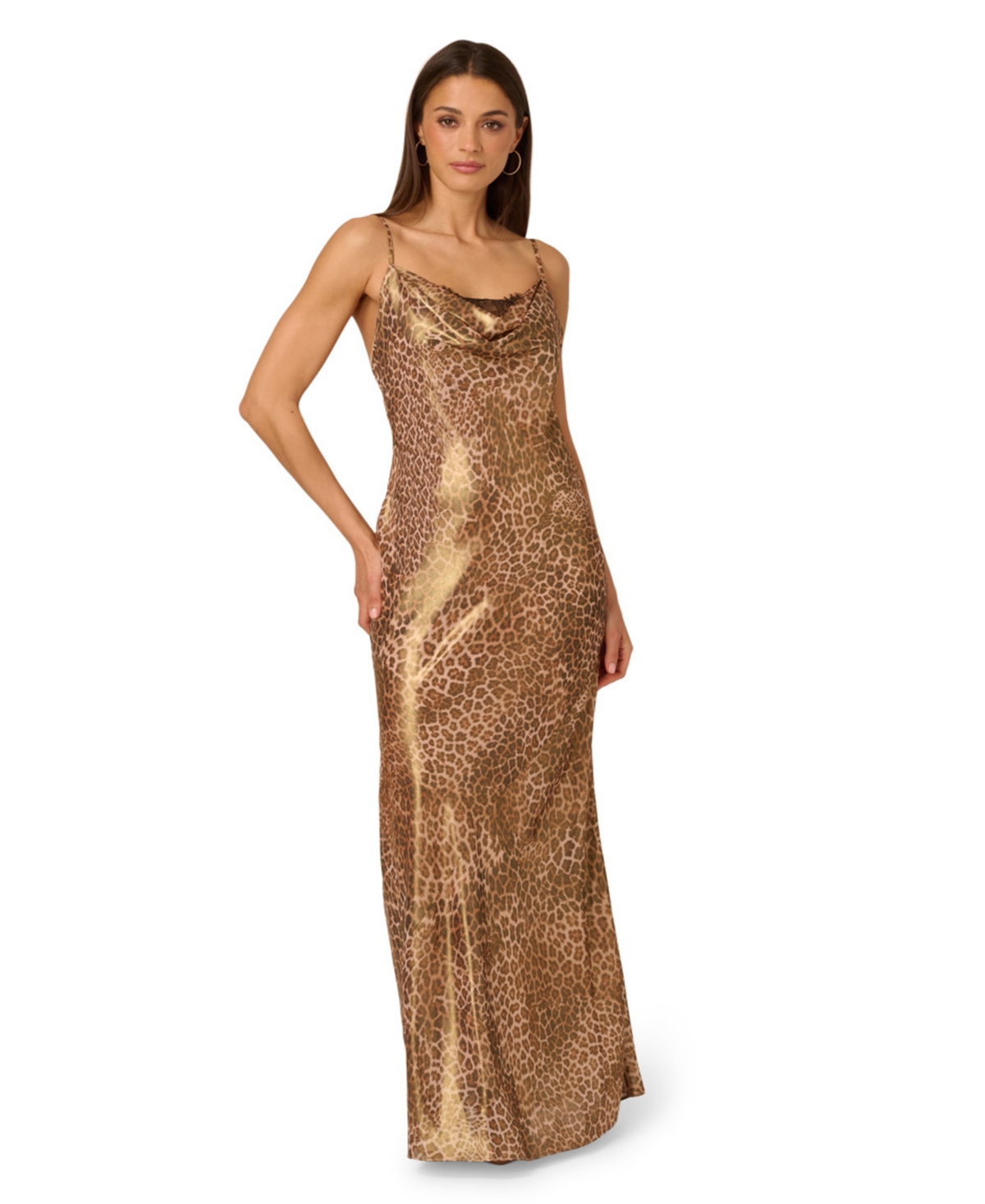 Adrianna Women's Printed Cowl Neck Long Dress In Brown