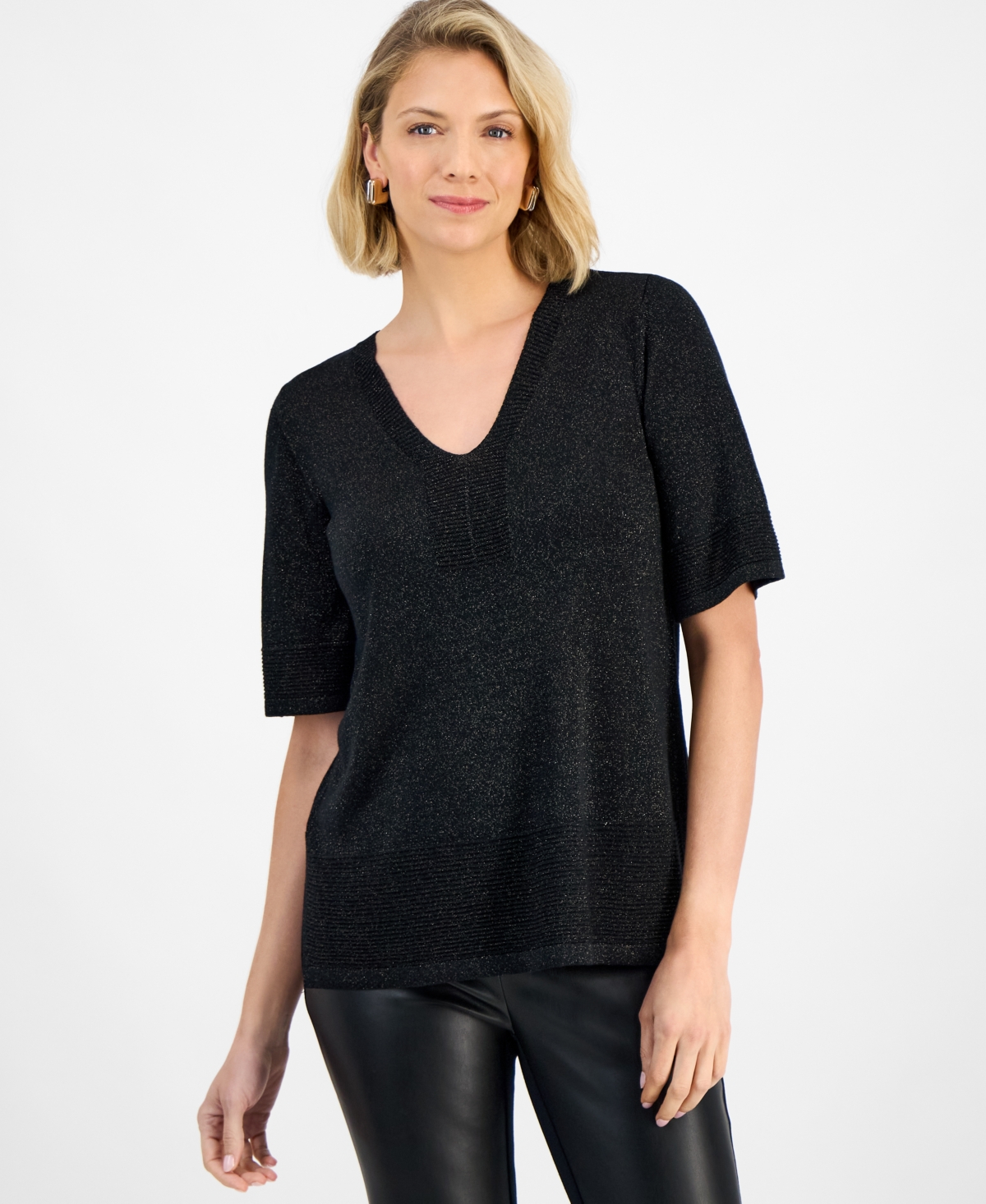 Jm Collection Women's V-neck Short-sleeve Lurex Shine Sweater, Exclusively At Macy's In Black