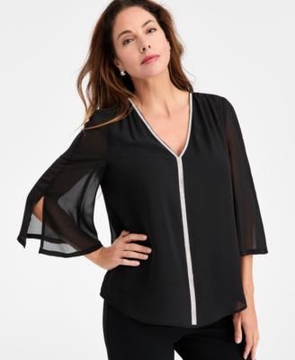 JM Collection - Women's Embellished V-Neck 3/4-Sleeve Blouse
