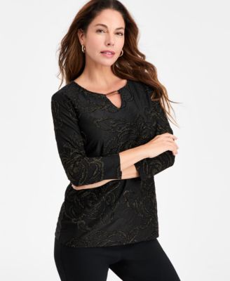JM Collection - Women's Floral Shine Flocked Top
