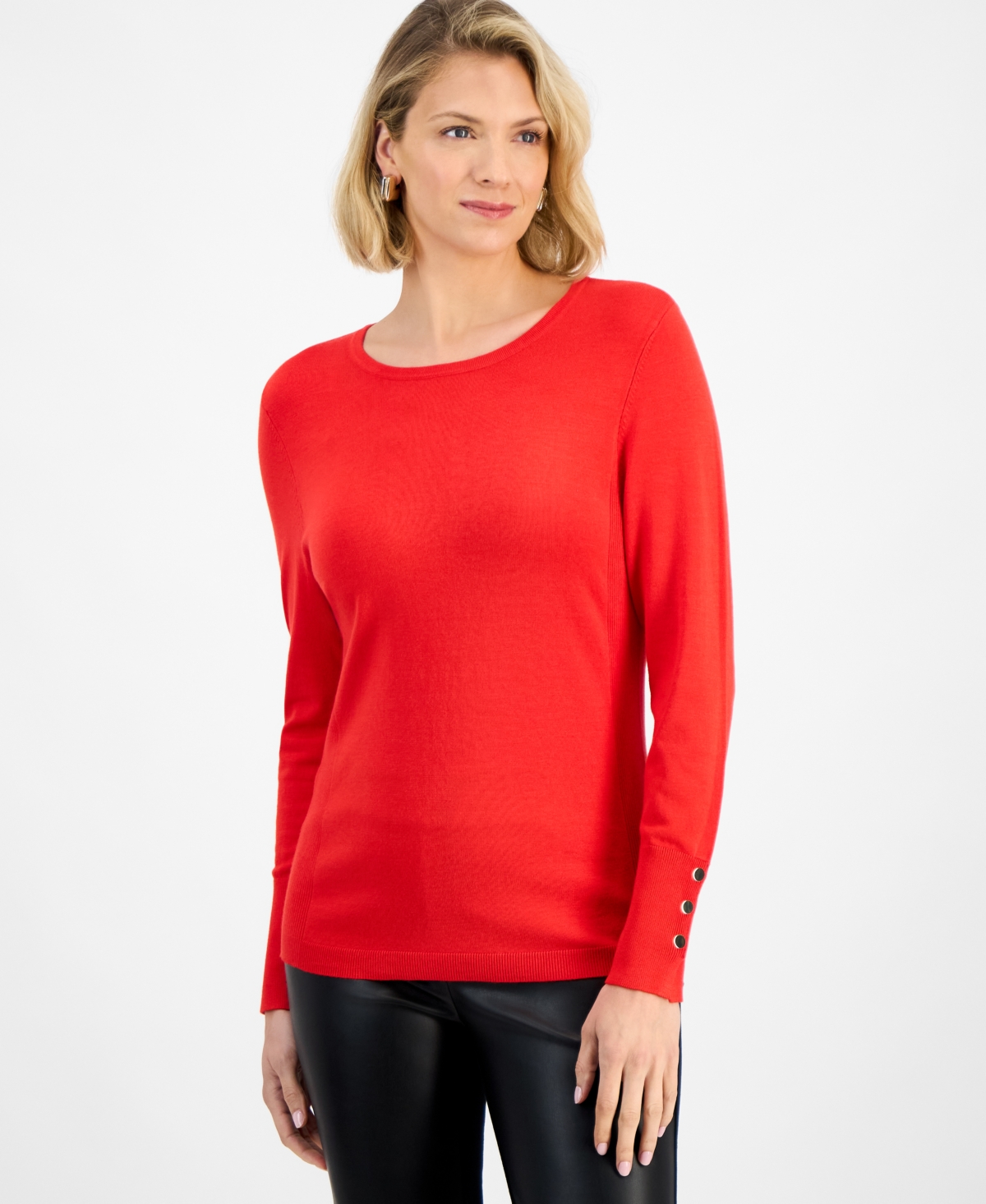 Jm Collection Women's Button-sleeve Crewneck Sweater, Created For Macy's In Red