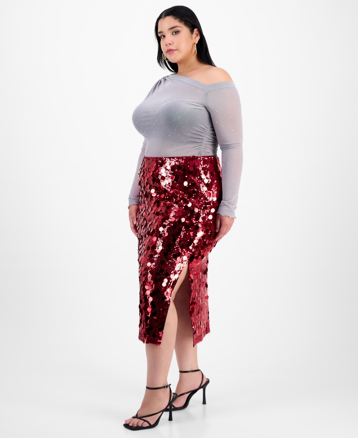 Bar Iii Trendy Plus Sequin Side-slit Midi Skirt In Gray