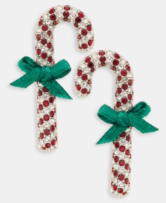 Silver-Tone Red & White Crystal Candy Cane Drop Earrings