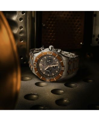 1022 Men s Chronograph Watch Quartz Movement Gunmetal Dial Black Subdials Black Bezel Two Tone Stainless Steel Bracelet 50M Water Resistant