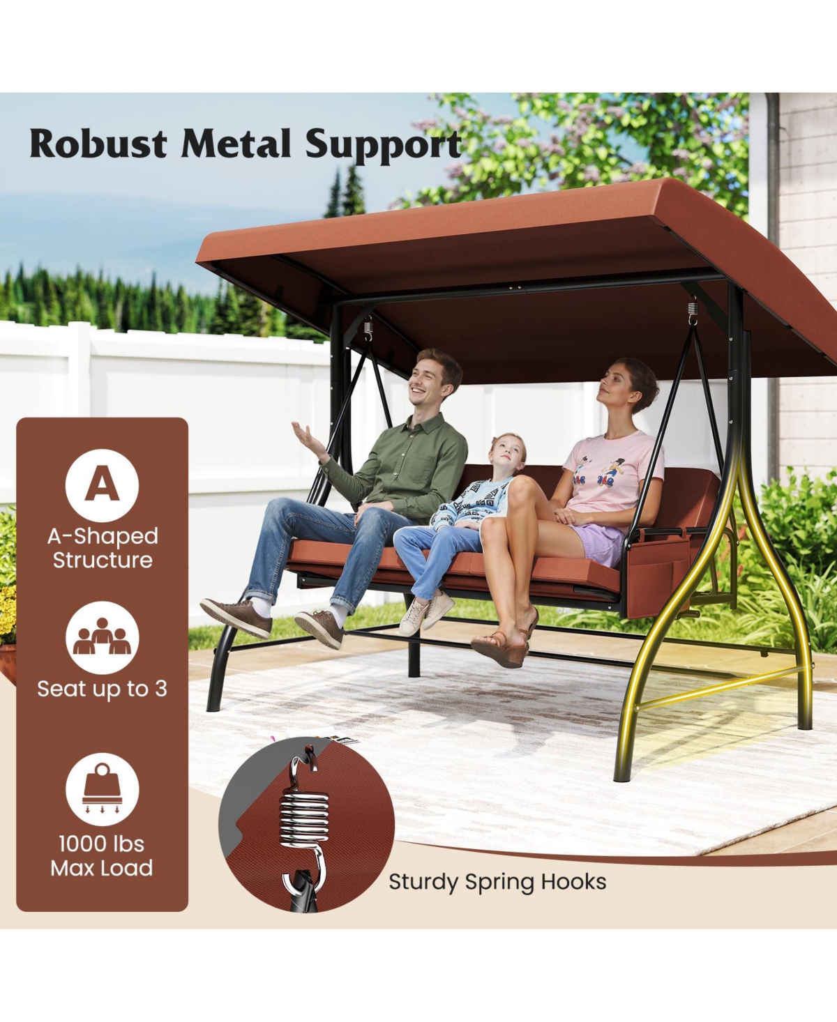 Gymax 3-Seat Patio Swing w/ Canopy & Removable Cushions Side Pockets Stand