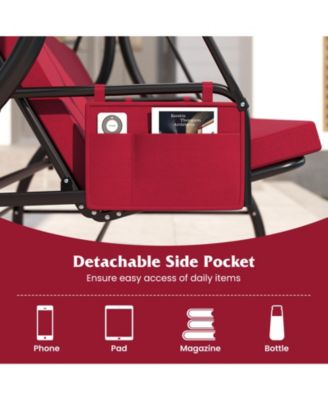 3-Seat Patio Swing w/ Canopy & Removable Cushions & Side Pockets Stand