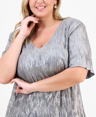 Plus Size Short-Sleeve Tiered Metallic Sheath Dress