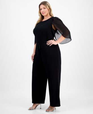 Plus Size Bell-Sleeve Tassel-Belt Jumpsuit