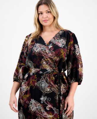 Plus Size Woven Long-Sleeve Tie-Waist Dress