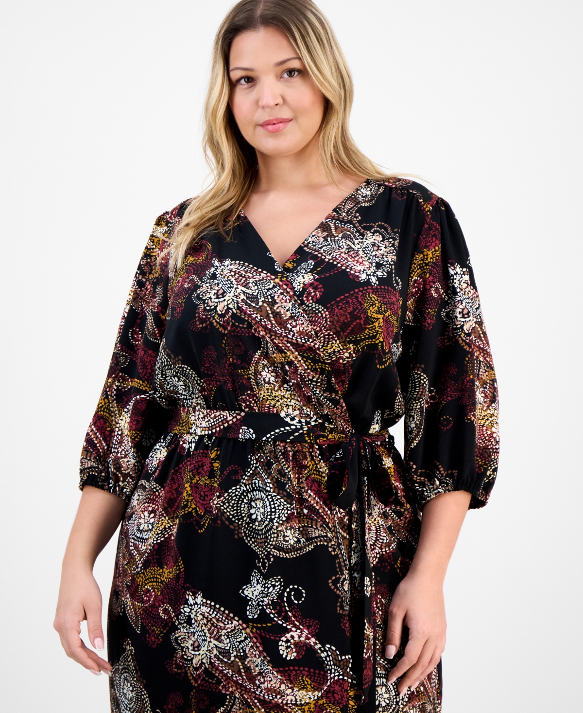 Connected Plus Size Woven Long-sleeve Tie-waist Dress