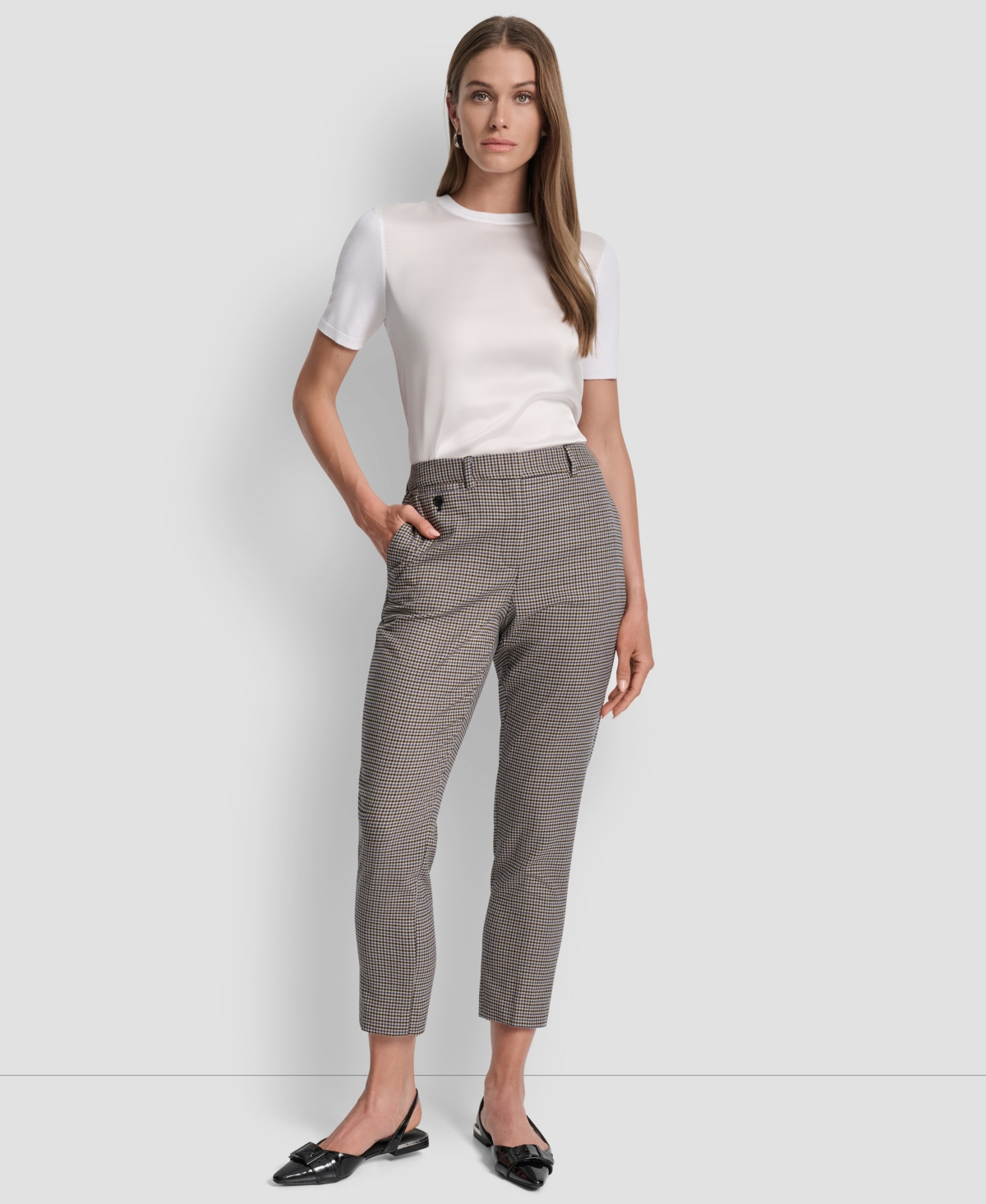 Dkny Petite Houndstooth Ankle Pants In Gray