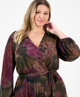 Plus Size Long-Sleeve Printed Mesh A-Line Dress