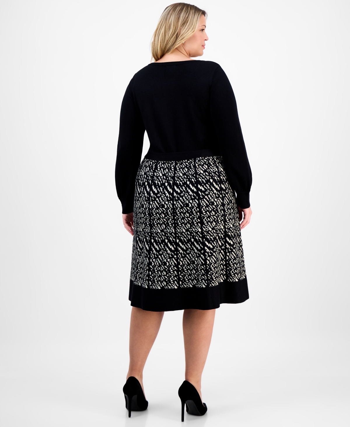 Robbie Bee Plus Size Long-sleeve Combo Skirt Sweater Dress In Black