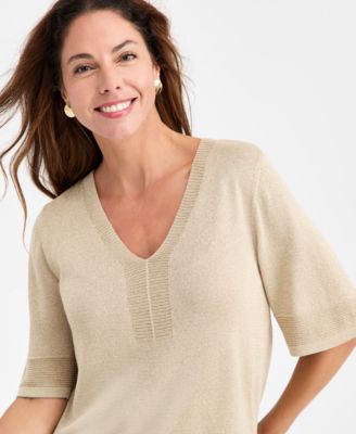 Women's V-Neck Short-Sleeve Lurex Shine Sweater