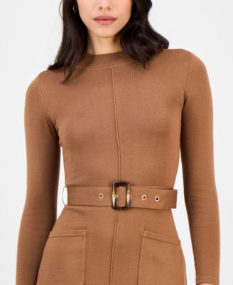 Petite Belted Mock Neck Sweater Dress