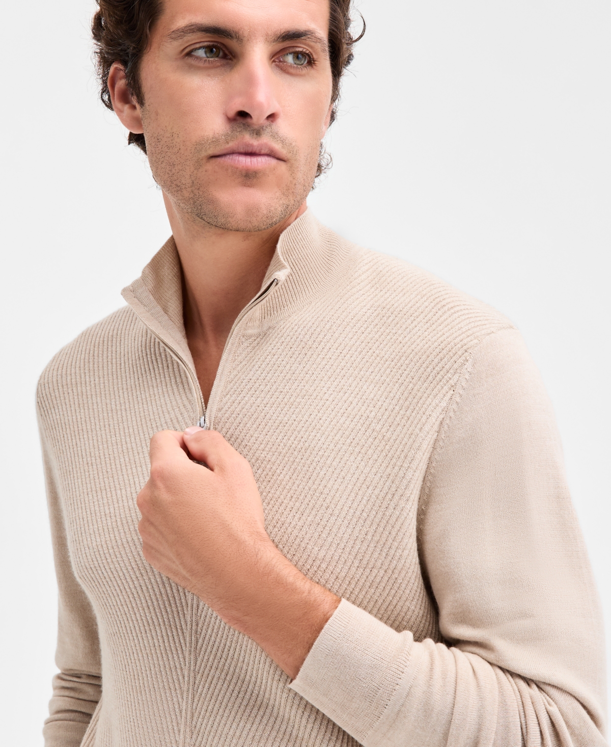 Alfani Men's Long Sleeve Textured Quarter-zip Sweater, Macy's Exclusive In Brown