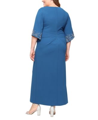 Plus Size Long 3/4-Sleeve Stretch Crepe Column A-Line Dress