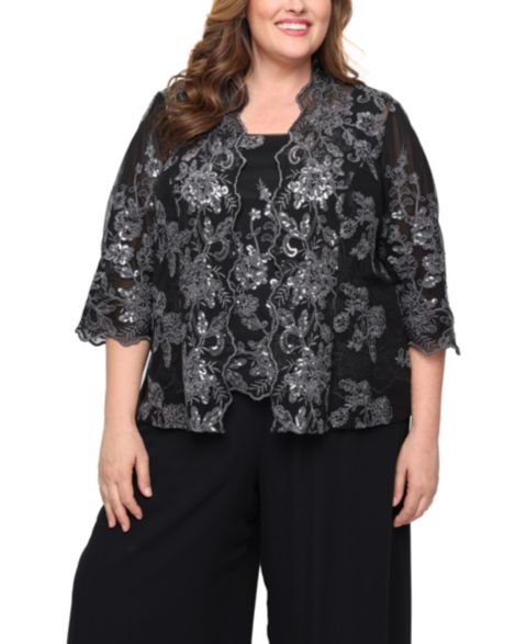 Женские комплекты Alex Evenings Plus Size 3/4-Sleeve Embroidered Jacket and Tank Twinset, цвет: Чёрный серый