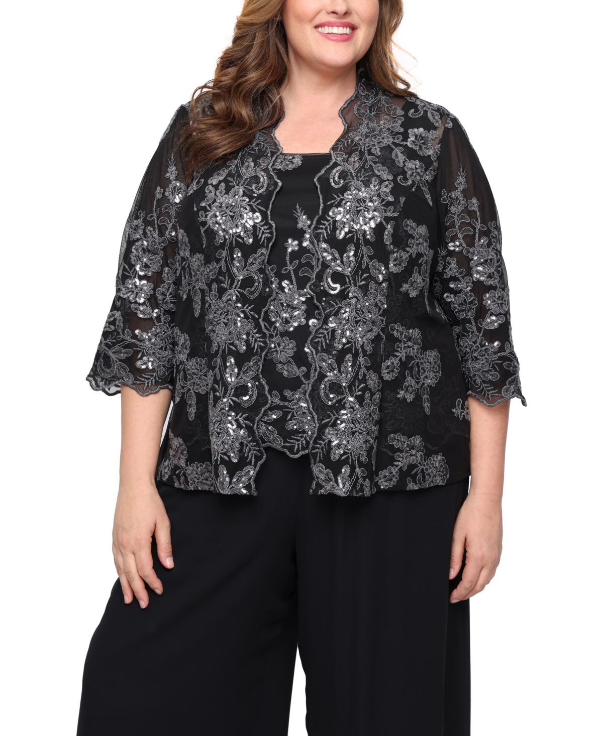 Alex Evenings Plus Size 3/4-sleeve Embroidered Jacket And Tank Twinset In Black