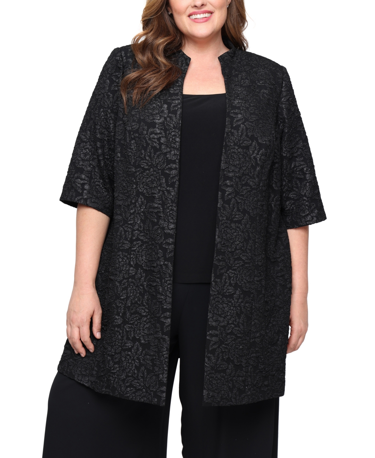 Alex Evenings Plus Size 3/4-sleeve Textured Jacquard Top And Jacket Twinset In Black