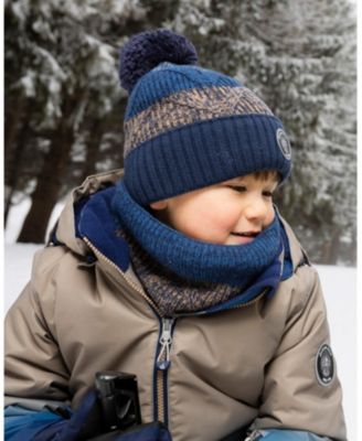 Boy Lined Knit Pompom Hat Taupe and Navy - Toddler|Child
