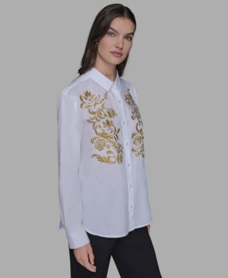 Women's Cotton Embroidered Button-Front Top