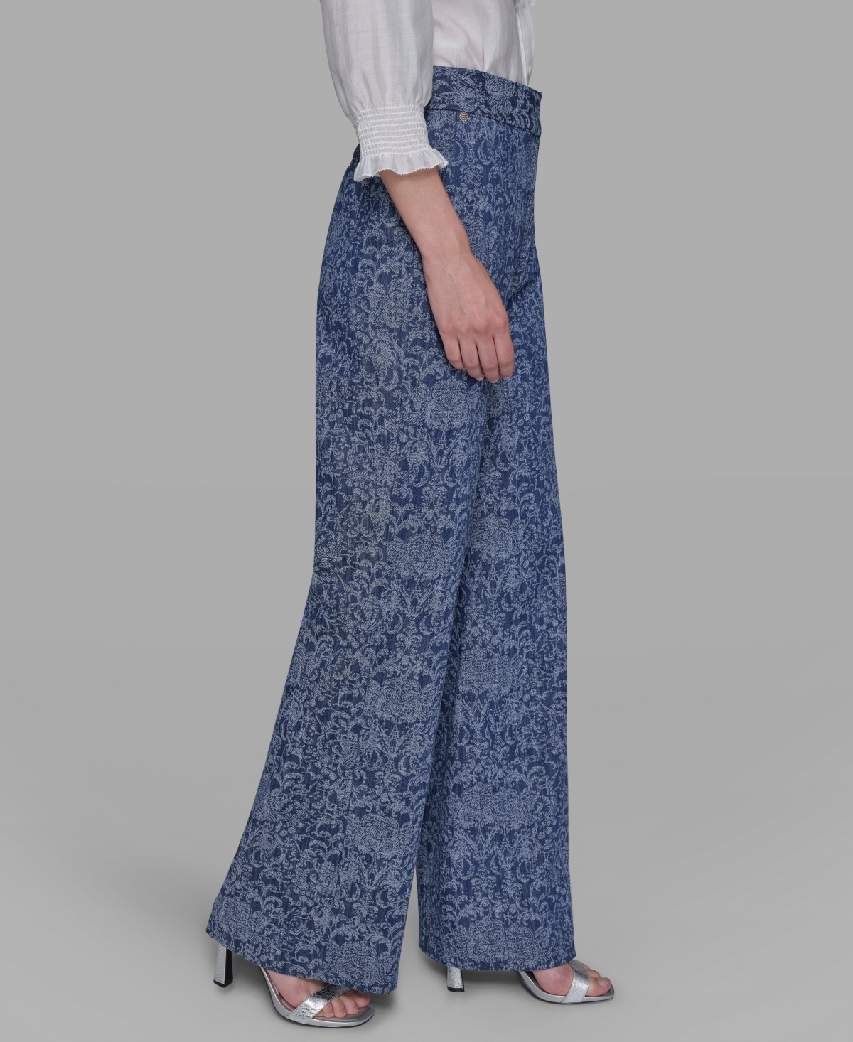 Karl Lagerfeld Women's Printed Wide-leg Denim Pants In Blue