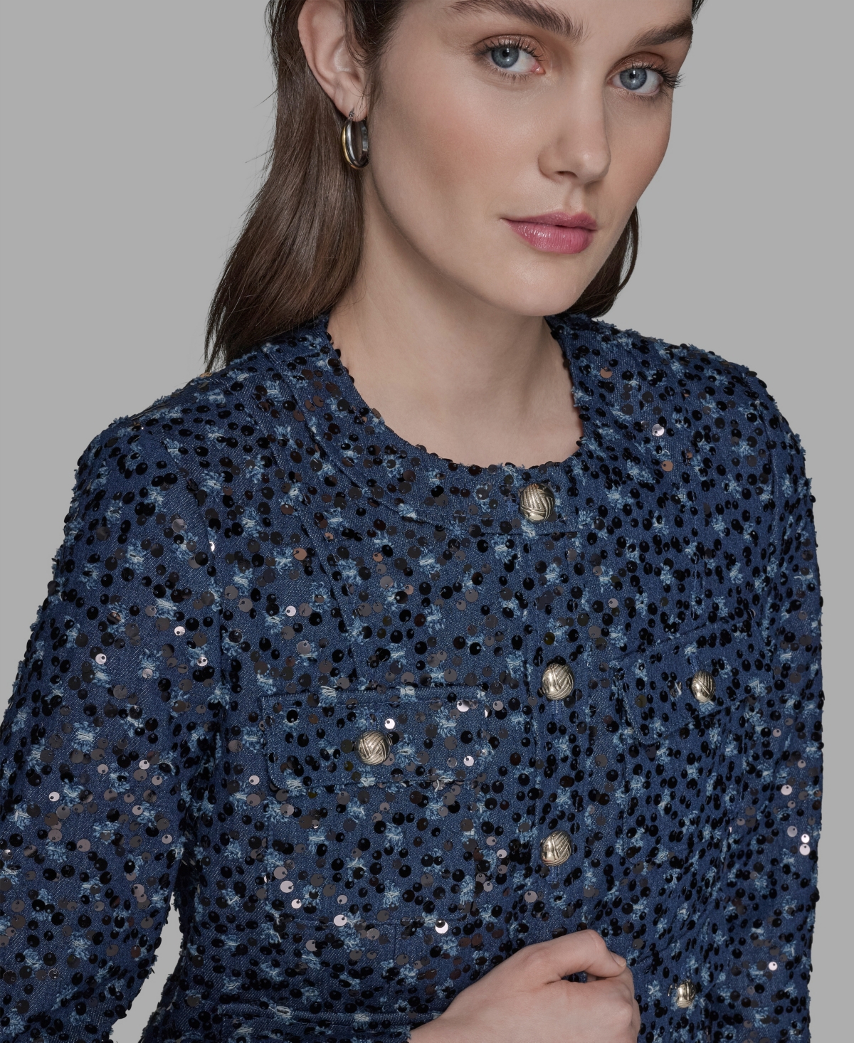 Karl Lagerfeld Collarless Sequin Jacket In Blue