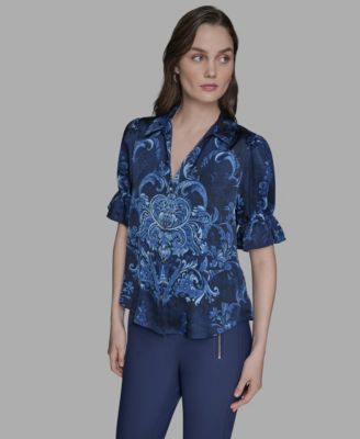 Karl Lagerfeld Karl Algerfeld Paris Womens Printed Button Front Shirt P Xs Xl In Blue
