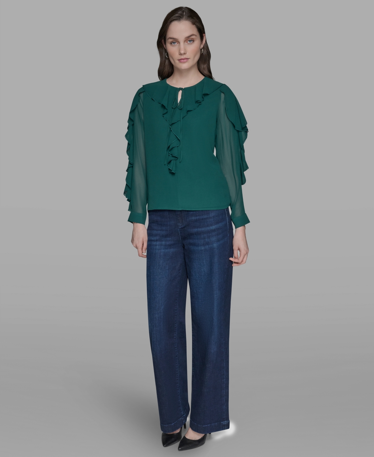 Karl Lagerfeld Loose Ruffle Blouse In Green
