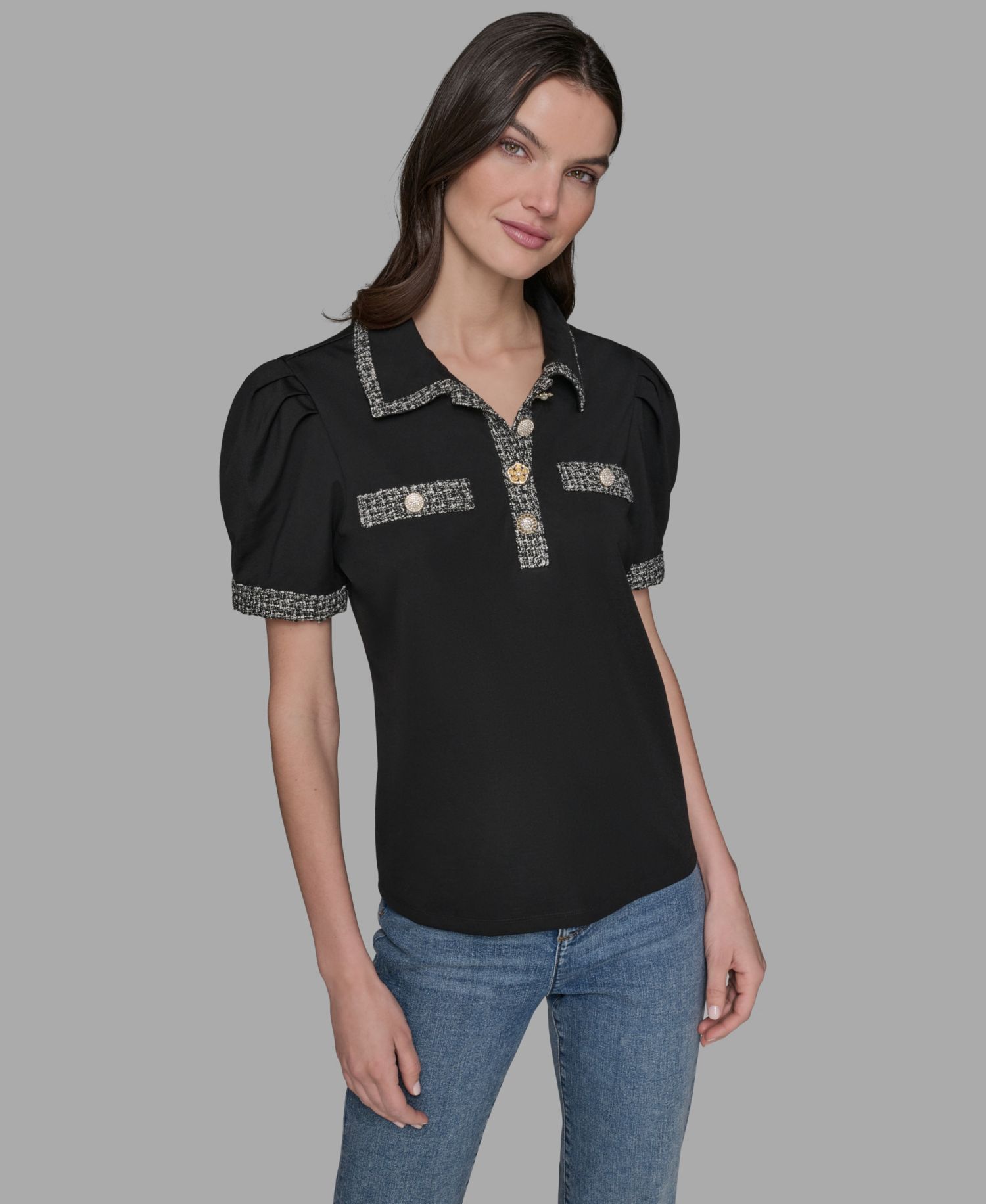 Women's Short Sleeve Tweed Trim Knit Top