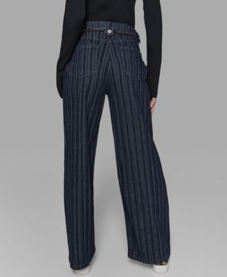 Women's Striped Denim Belted Wide-Leg Pants
