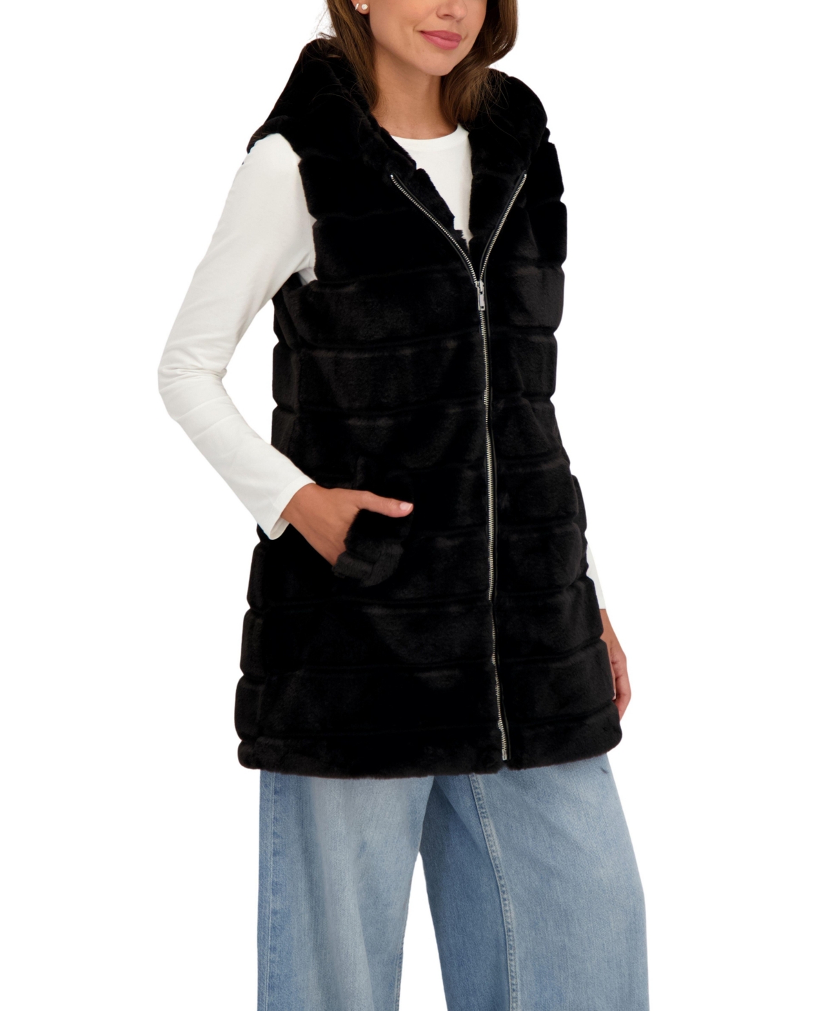 Sebby Collection Women's Hooded Grooved 3/4 Faux Fur Vest