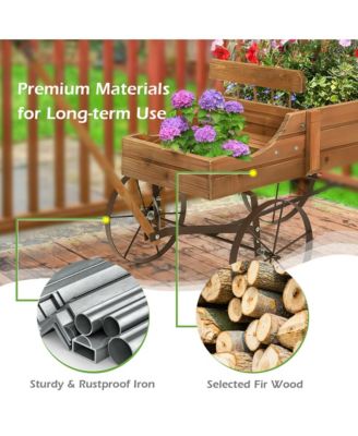 Garden Plant Planter Wooden Wagon Planter W/ Wheel Garden Yard