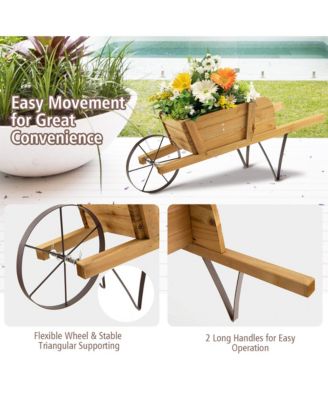 Wooden Wagon Planter Decorative Indoor/ Outdoor Rustic Flower Cart w/ Wheel