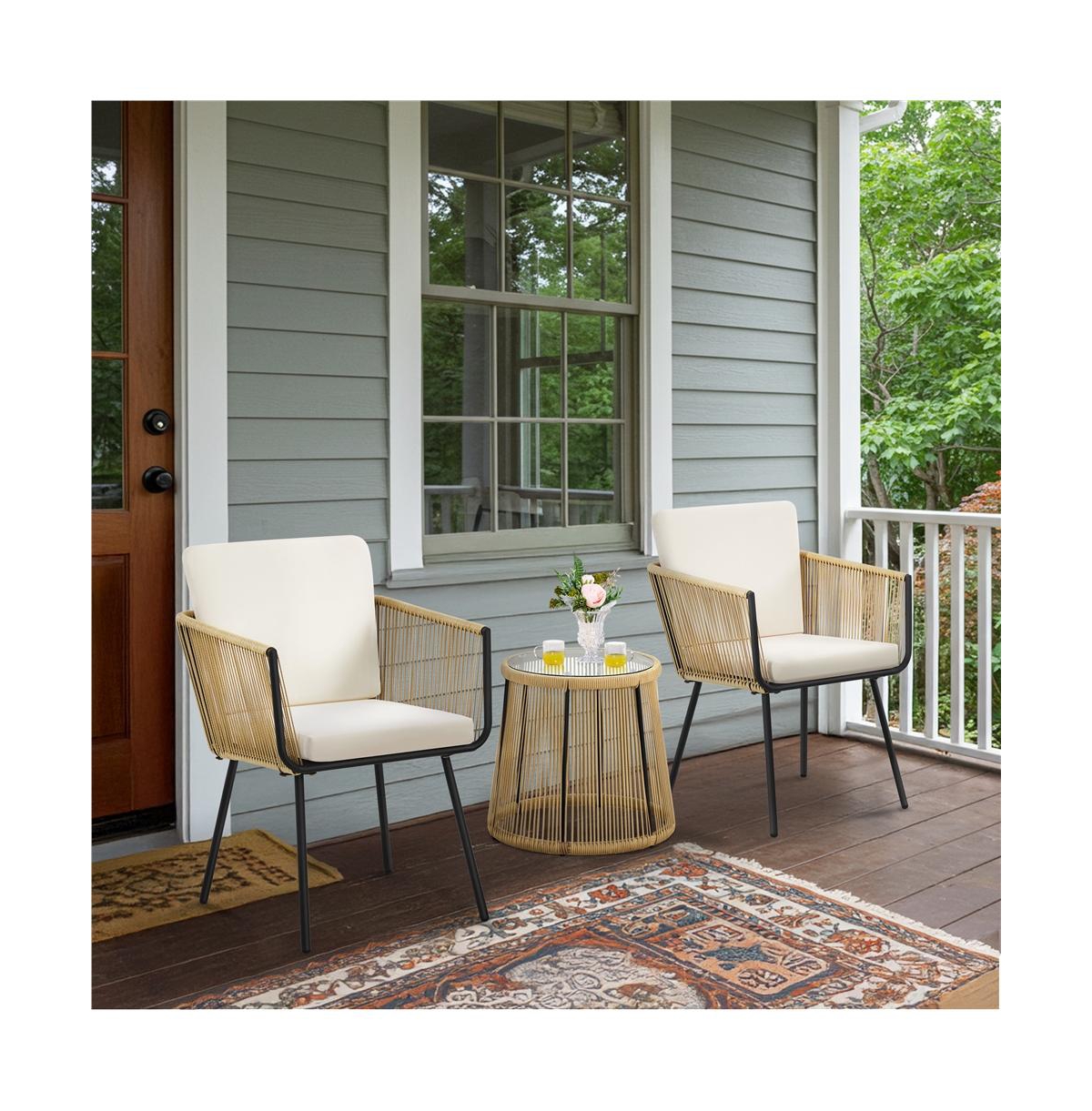 Yaheetech 3-Piece Outdoor Patio Bistro Set with Tempered Glass Table & 2 Chairs, Tan/Cream