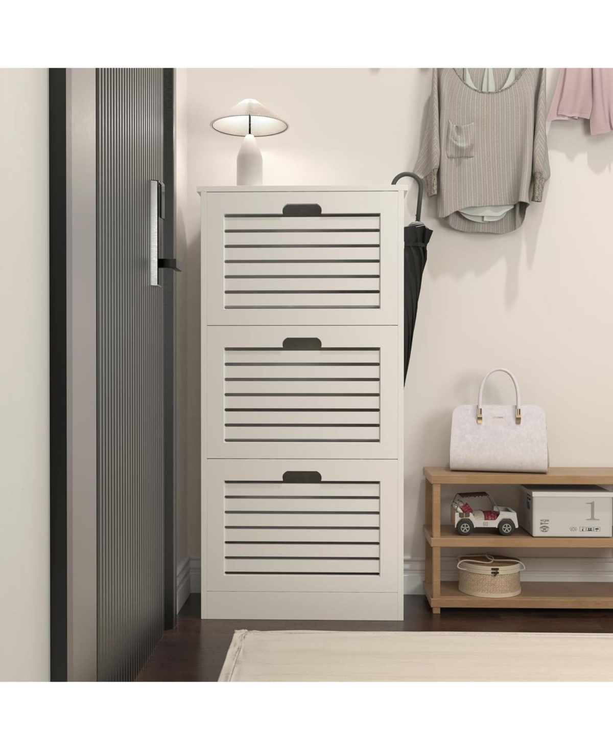 Vanirror Modern 3 Flip Drawers Shoe Cabinet - 3-Tier Wooden White Freestanding Narrow Entryway Hidden Shoe Organizer