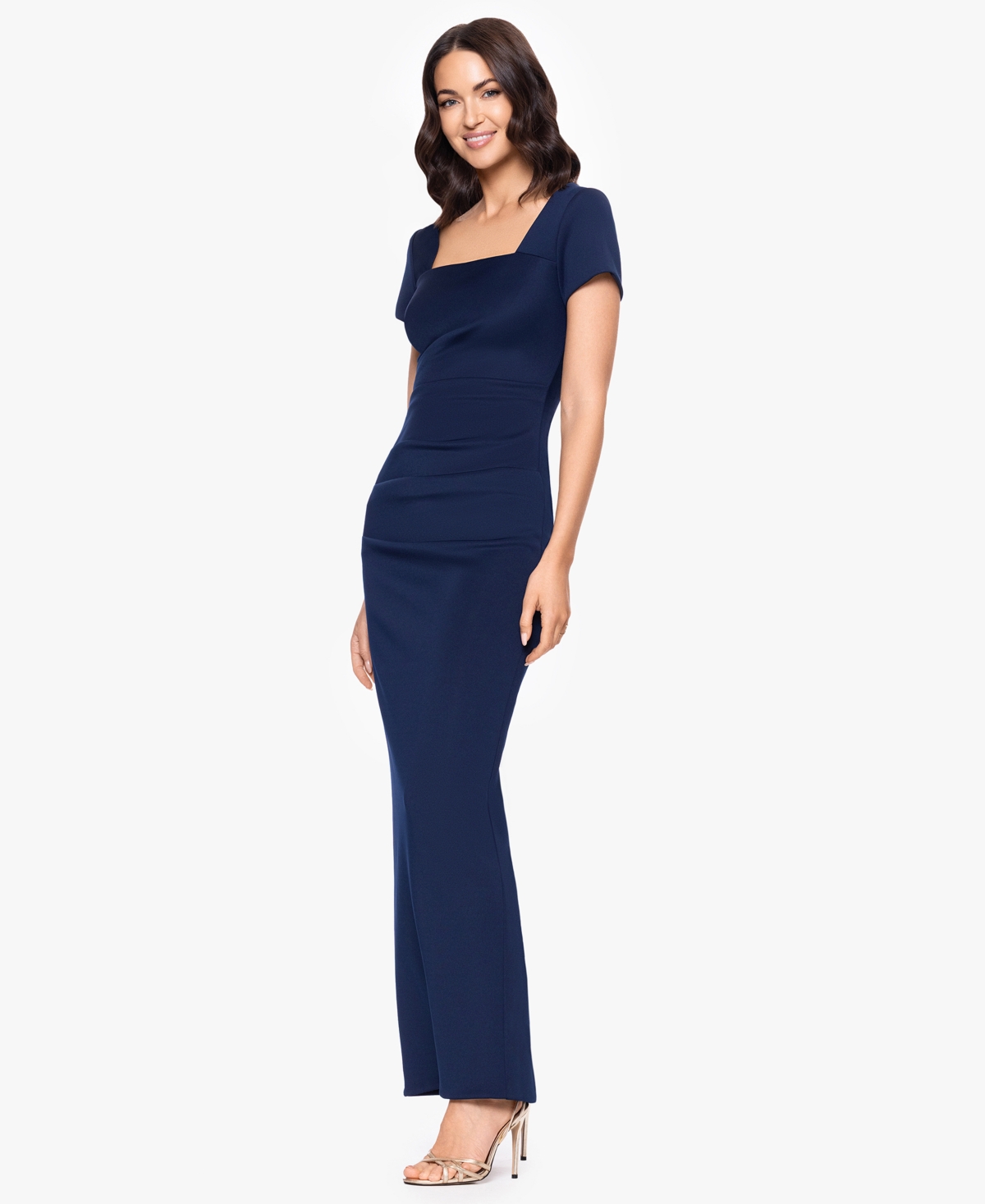Betsy & Adam Petite Long Sheath Dress With Short Sleeves In Blue