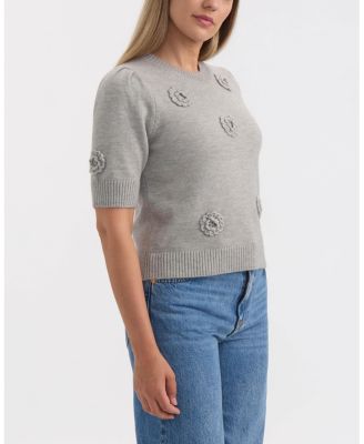 Women's Short Sleeve Sweater with Crochet Flowers