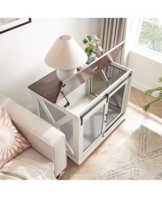 White Farmhouse Dog Kennel End Table with Barn Door Flip Top and Divider