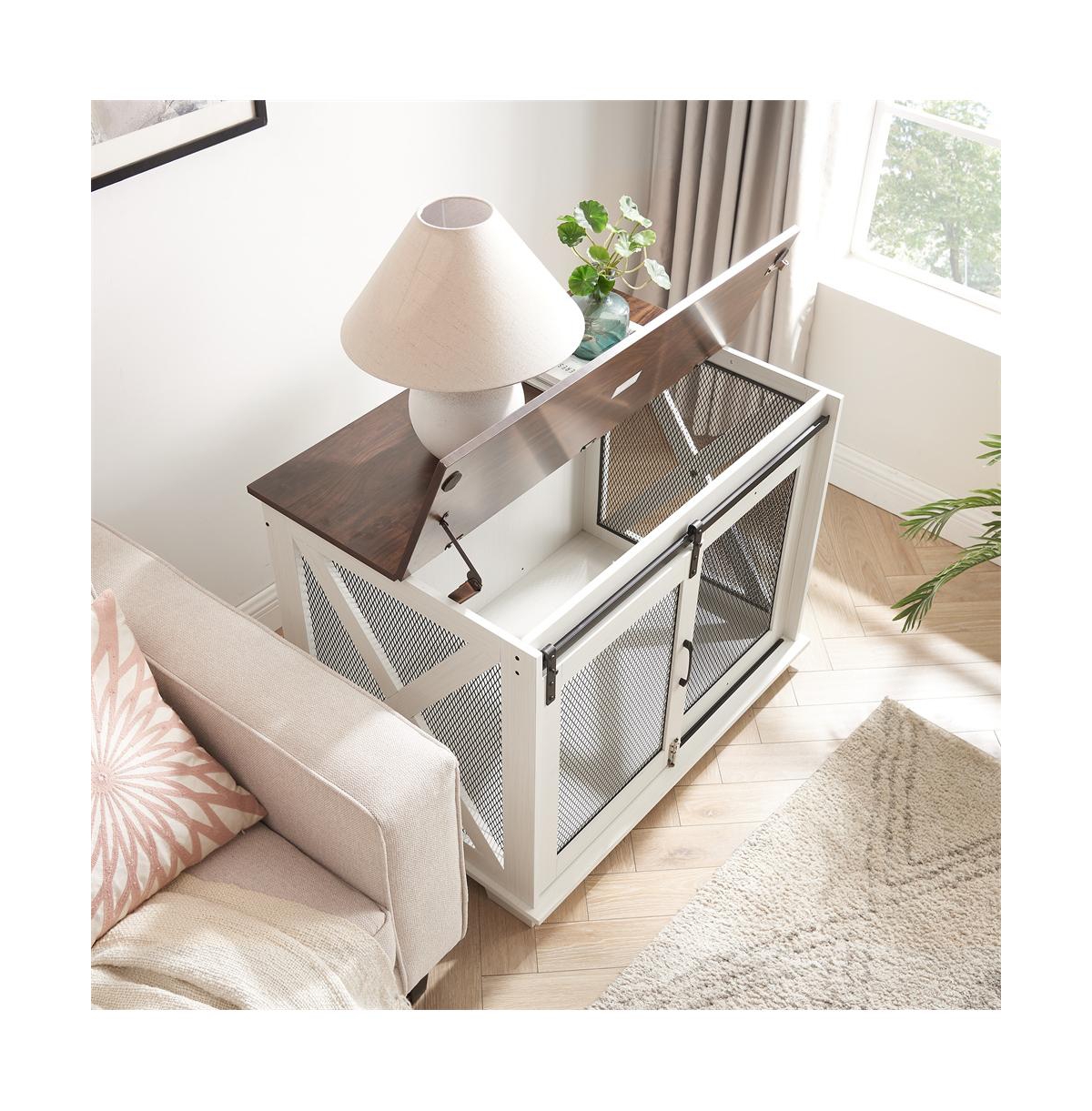 Aostirmotor White Farmhouse Dog Kennel End Table with Barn Door Flip Top and Divider