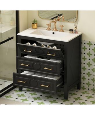 30" Freestanding Vanity With Ceramic Sink Combo and 3 Drawers, Solid Wood Frame