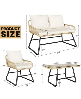 4-Piece Patio Furniture Conversation Set 1 Boho Table & 1 Loveseat & 2 Conversation Chairs, Tan/Cream
