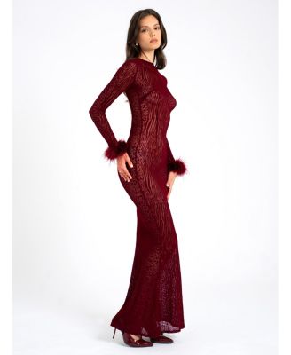 Women's Patricia Burgundy Leopard Burnout Velvet Mesh Backless Maxi Dress