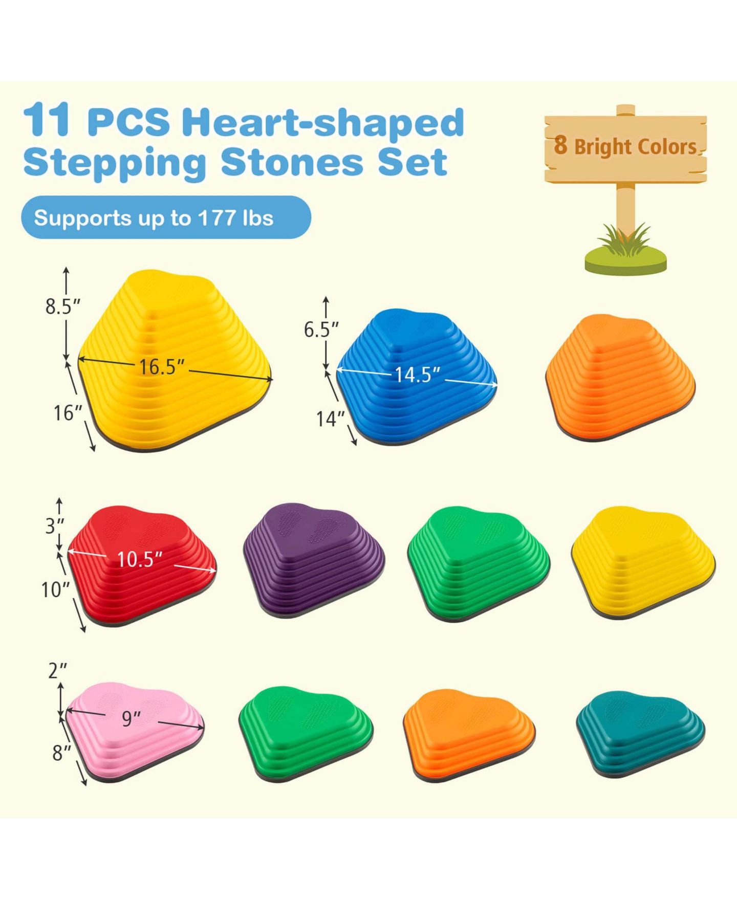 Детские игрушки Costway Heart-Shaped Non-Slip Stepping Stones, 11-Piece Set, Ages 3+, цвет: Жёлтый — фото 3