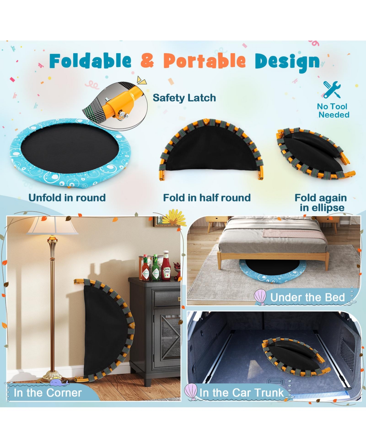 Akiudex Kids Foldable Trampoline with Quiet Bungee Cords and Foam Handle for Indoor and Outdoor Use