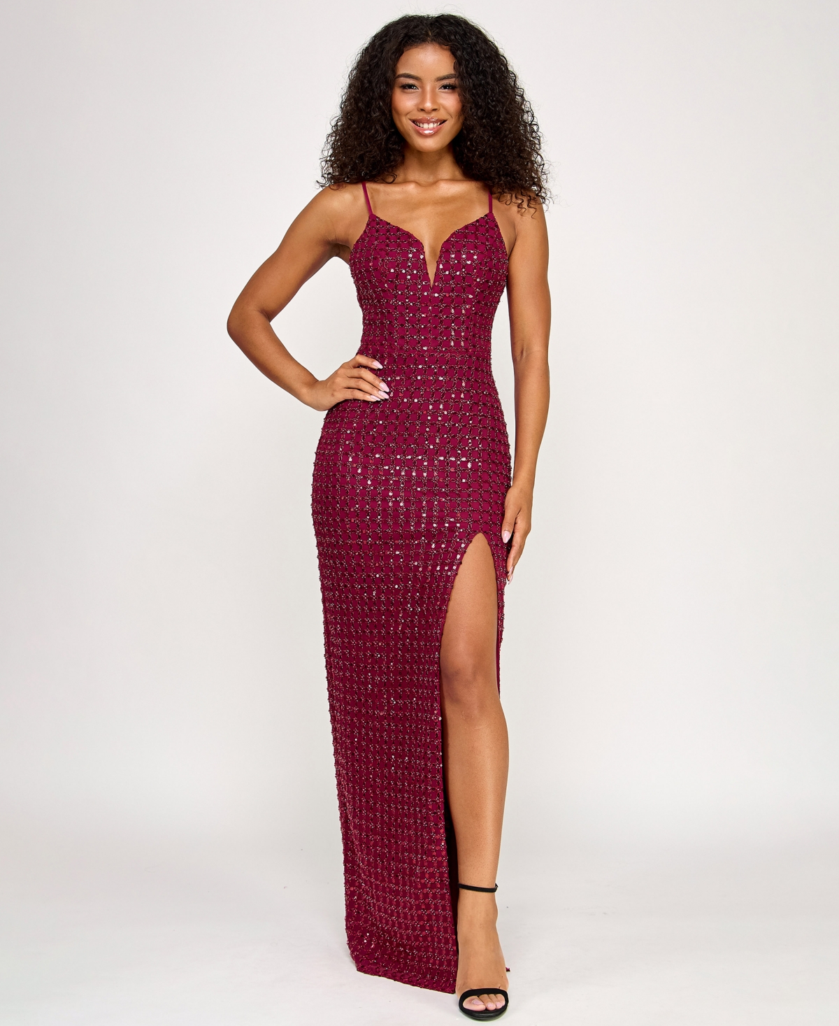 Seni & Cade Juniors' Sequin Power Mesh Gown In Burgundy
